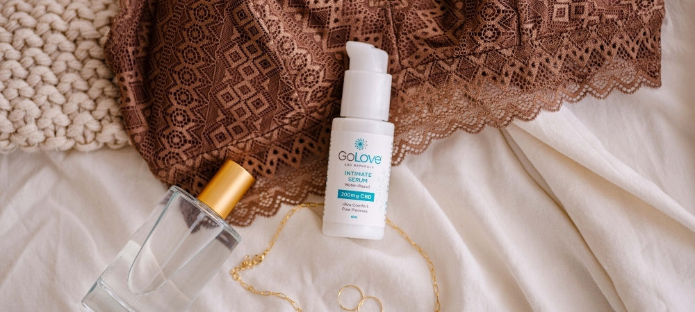 GoLove CBD Serum on top of sheets
